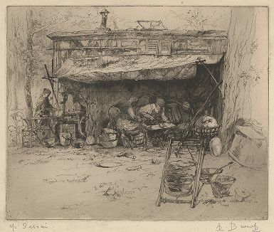Жестянщики (Ремесленник под навесом). Офорт Огюста Бруэ, 1913 год. 