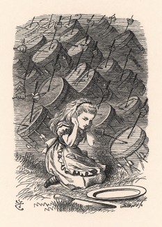 Она упала на колени и зажала руками уши, тщетно стараясь приглушить этот отчаянный грохот (иллюстрация Джона Тенниела к книге Льюиса Кэрролла «Алиса в Зазеркалье», выпущенной в Лондоне в 1870 году)