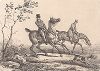 Гончие и охотники мчатся по следу. Литография знаменитого Карла Верне.