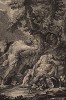 Аргос по поручению Геры присматривает за Ио по пути в Немейскую оливковую рощу, Гермес же по поручению Зевса спасает Ио, отрубив Аргосу голову (гравюра из первого тома знаменитой поэмы "Метаморфозы" древнеримского поэта Овидия. Париж, 1767 год)