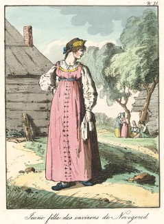 Молодая русская крестьянка из окрестностей Новгорода. Moeurs et costumes des Russes ... par A.-G. Houbigant, л. 21, Париж, 1817