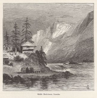 Хижины возле порогов на реке Коламбиа-ривер. Лист из издания "Picturesque America", т.I, Нью-Йорк, 1872.