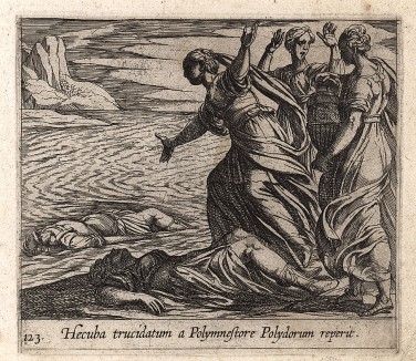 Гекуба находит тело Полидора. Гравировал Антонио Темпеста для своей знаменитой серии "Метаморфозы" Овидия, л.123. Амстердам, 1606
