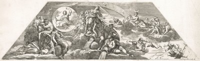 День, ночь, рассвет, заря и Аполлон с солнечными стрелами (вверху слева). В 1660-65 гг. художник Ладзаро Бальди написал эту фреску на стенах дворца Одескальки в Риме. В 1745 г. она утрачена, сохранилась гравюра его ученика, выполненная в 1682 г.
