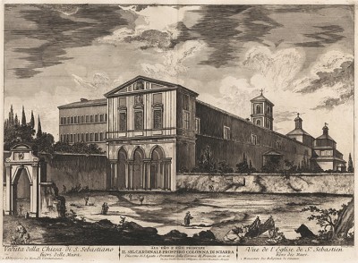 Вид на базилику Сан-Себастьяно-фуори-ле-Мура. Лист из серии "Les plus beaux édifices de Rome moderne..." Жана Барбо. 