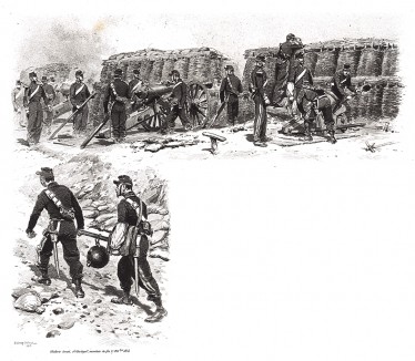 17 октября 1854 года. Батарея французской тяжёлой артиллерии ведёт обстрел Севастополя (из Types et uniformes. L'armée françáise par Éduard Detaille. Париж. 1889 год)