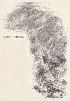 Построенная по принципу "американских горок" дорога на горе Мок-Чанк, или Медвежьей, штат Пенсильвания. Лист из издания "Picturesque America", т.I, Нью-Йорк, 1872.