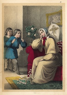 Дети крадучись пробираются на улицу, боясь разбудить мать. Гравюра из детской книги "Rich and Poor...", изданной в США, 1850