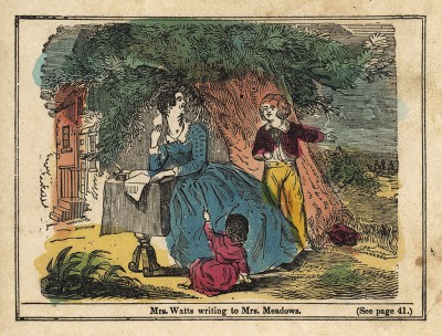 Миссис Уоттс пишет письмо миссис Мидоуз. Гравюра из детской книги "Rich and Poor...", изданной в США, 1850