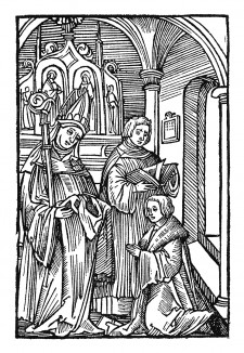 Святой Вольфганг становится монахом. Из "Жития Святого Вольфганга" (Das Leben S. Wolfgangs) неизвестного немецкого мастера. Издал Johann Weyssenburger, Ландсхут, 1515