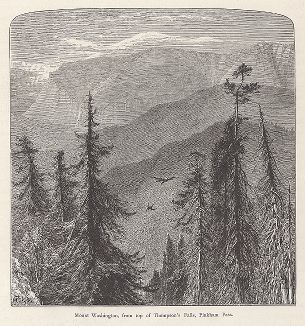 Гора Вашингтон, вид от водопада Томпсона, перевал Пинкхэм, Белые горы, штат Нью-Гемпшир. Лист из издания "Picturesque America", т.I, Нью-Йорк, 1872.
