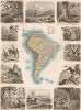 Карта Южной Америки с обозначением границ и названиями существоваших на тот момент государств, а также 12 картушей, гравированных на стали, с изображениями обитателей и пейзажей континента. Illustriter Handatlas F.A.Brockhaus. л.9. Лейпциг, 1863