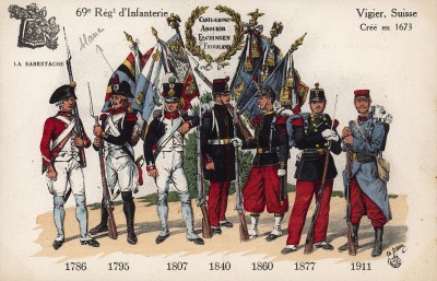 1786-1911 гг. Мундиры и знамена 69-го пехотного полка французской армии, сформированного в 1673 г. и сражавшегося при Кастильоне, Абукире, Эльхингене и Фридланде. Коллекция Роберта фон Арнольди. Германия, 1911-29