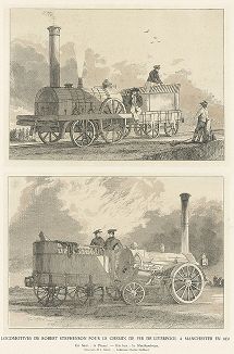 Паровые локомотивы, сконструированные Робертом Стефенсоном для железной дороги Ливерпуль - Манчестер: "Нортумбриец" и "Ракета". Les chemins de fer, Париж, 1935