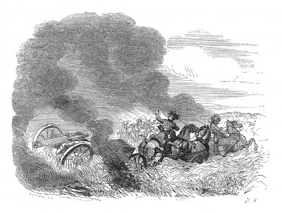 8 августа 1809 г. бой французских кавалеристов под командованием маршала Сульта против англо-испанских пехотинцев Веллингтона за мост у Арсобиспо (Arzobispo). Артиллерийский выстрел англичан поджигает траву - под прикрытием дыма пехота отступает.