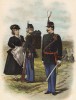 Голландский пехотинец со "своей" и унтер-офицер (иллюстрация к работе Onze krijgsmacht met bijshriften... (голл.), изданной в Гааге в 1886 году)