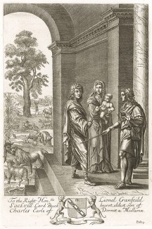 Эклога IV "Буколик" Вергилия, посвященная Азинию Поллиону и младенцу, приветствует возврат «золотого» века Сатурна. Лист подписного издания посвящён Лайонелу Саквиллу, 1-му герцогу Дорсетскому (1688--1765 гг).