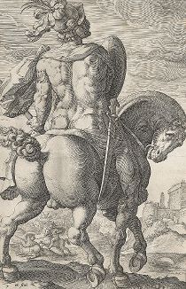Тит Манлий на коне. Гравюра Гендрика Голциуса из серии «Древнеримские герои», 1586 год. 