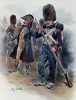 Пешие егеря (офицер и рядовой) в полевой форме (иллюстрация к работе "Императоская Гвардия в 1804--1815 гг." Париж. 1901 год. (экземпляр № 303 из 606 принадлежал голландскому генералу H. J. Sharp (1874 -- 1957))