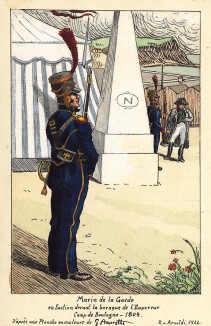 1804 г. Солдат морской пехоты императорской гвардии Наполеона на посту в булонском лагере. Коллекция Роберта фон Арнольди. Германия, 1911-28