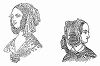 Расшитый серебром шарф, повязанный вокруг головы (слева), чепец, украшенный венком в виде листьев -- парижская мода, февраль 1844 года (The Illustrated London News №91 от 27/01/1844 г.)