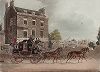 Легендарная и самая быстрая карета Королевской почтовой службы "Quicksilver"  следует мимо моста Кью-бридж в Лондоне. Репринт 1927 года с акватинты 1835 года. 