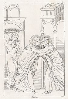 Встреча Марии и Елизаветы, приписываемся Чимабуэ. Лист из Geschichte der Malerei in Italien... братьев Рипенхаузен, 1810 год. 