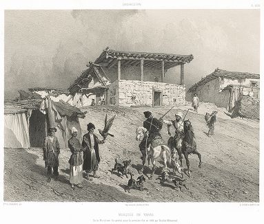 Мечеть в ауле Яраг (Ярыглар), где мулла Магомед в 1823 году впервые проповедовал мюридизм. Le Caucase pittoresque князя Гагарина, л. XLVII, Париж, 1847