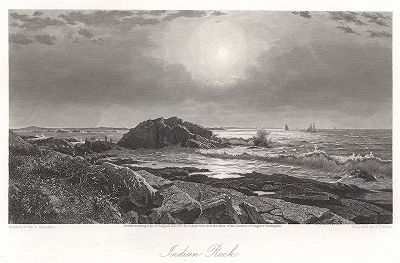 Залив Наррагансетт и скала Индейский камень, штат Род-Айленд. Лист из издания "Picturesque America", т.I, Нью-Йорк, 1873.