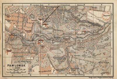 Павловск (карта-план из популярного немецкого путеводителя K. Baedeker. Russland. Handbuch fur Reisende. Лейпциг, 1897)