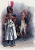 Пеший гренадер (сапёр) и музыкант в парадной форме (иллюстрация к работе "Императоская Гвардия в 1804--1815 гг." Париж. 1901 год. (экземпляр № 303 из 606 принадлежал голландскому генералу H. J. Sharp (1874 -- 1957))