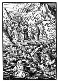 Войско фараона, преследуя уходящих из Египта евреев, гибнет в водах Красного моря. Ганс Бургкмайр для Johann Geiler / Das Buch Granatapfel. Издал Ганс Отмар, Аугсбург, 1510. Репринт 1931 г.