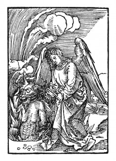 Откровение Иоанна Богослова. Ангел запирает низвергнутого зверя Апокалипсиса. Бартель Бехам для Martin Luther / Neues Testament. Издал Hans Herrgott, Нюрнберг, 1524