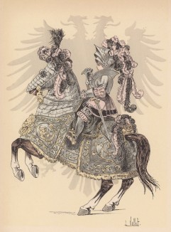 Молодой рыцарь из свиты императора Карла V в полном вооружении (из "Иллюстрированной истории верховой езды", изданной в Париже в 1891 году)