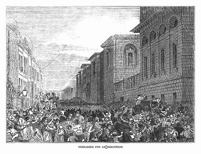 Приготовление к казни у стен знаменитой Ньюгетской тюрьмы -- главной тюрьмы Лондона на протяжении 700 лет, расположенной у северных ворот лондонского Сити (The Illustrated London News №304 от 26/02/1848 г.)