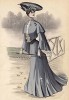 Жакет и юбка английской шерсти, украшенные позолоченными пуговицами, и шляпа с чёрным пером (Les grandes modes de Paris за 1903 год. Сентябрь)