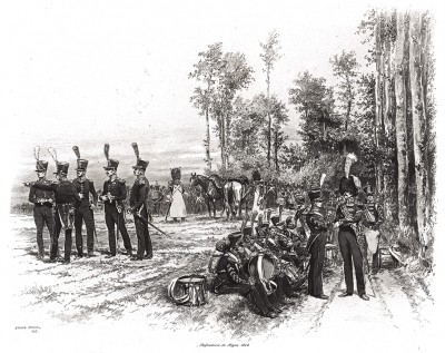 Привал французской лёгкой пехоты во время больших манёвров 1824 года (из Types et uniformes. L'armée françáise par Éduard Detaille. Париж. 1889 год)
