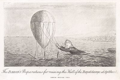 Барон Мюнхгаузен (он же Карл Фридрих Мюнхгаузен, 1720-97) готовится к поднятию затонувшего в 1782 г. в Спитхеде корабля Royal George с помощью воздушного шара. Илл. Дж. Крукшенка из The Travels and Surprising Adventures of Baron Munchausen, Лондон, 1868