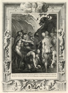 Данаиды в подземном царстве наливают воду в пробитую бочку (лист известной работы "Храм муз", изданной в Амстердаме в 1733 году)
