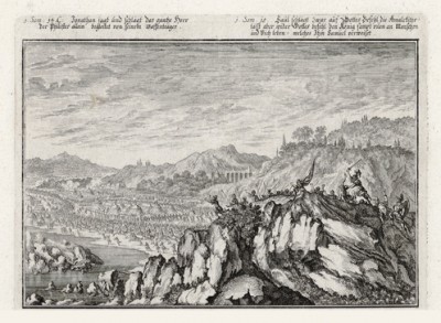 Войско царевича Ионафана идёт на филистимлян (из Biblisches Engel- und Kunstwerk -- шедевра германского барокко. Гравировал неподражаемый Иоганн Ульрих Краусс в Аугсбурге в 1700 году)
