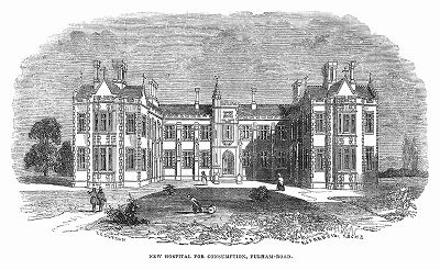 Королевский госпиталь Бромптон для лечения больных чахоткой, построеная в 1844 году архитектором Фредериком Джоном Фрэнсисом на средства добровольных пожертвований граждан (The Illustrated London News №98 от 16/03/1844 г.)