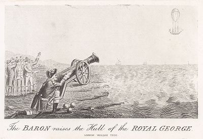 Барон Мюнхгаузен (он же Карл Фридрих Мюнхгаузен, 1720-97) стреляет из пушки в воздушный шар, который поднял со дна затонувший в 1782 г. в Спитхеде корабль Royal George. Илл. Дж. Крукшенка изThe Travels and Surprising ...Munchausen, Лондон, 1868