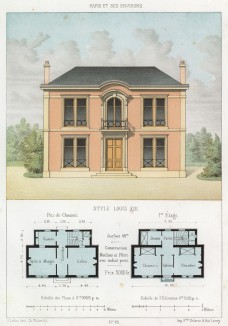Эскиз загородного дома в классическом стиле с изящными коваными решётками (из популярного у парижских архитекторов 1880-х Nouvelles maisons de campagne...)