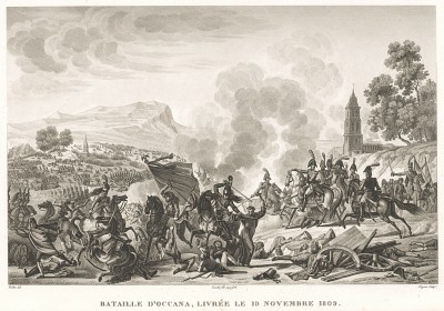 Сражение при Оканье близ Мадрида 19 ноября 1809 г. Гравюра из альбома "Военные кампании Франции времён Консульства и Империи". Campagnes des francais sous le Consulat et L'Empire. Париж, 1834