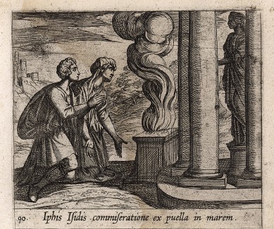 Ифис просит Изиду обратить её в мужчину. Гравировал Антонио Темпеста для своей знаменитой серии "Метаморфозы" Овидия, л.90. Амстердам, 1606
