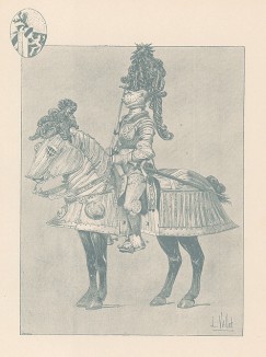 Немецкий рыцарь XVI века в полном вооружении (из "Иллюстрированной истории верховой езды", изданной в Париже в 1891 году)