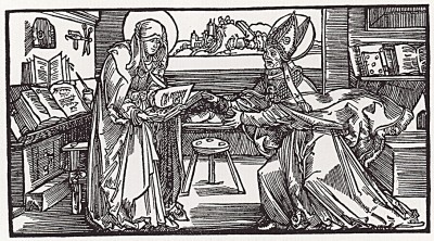 Альбрехт Дюрер. Святая Бригитта протягивает епископу книгу. Иллюстрация к "Откровениям Святой Бригитты"