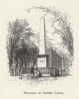 Монумент, посвящённый генералу Натаниэлю Грину (1742—1786), видному участнику войны за независимость США. Лист из издания "Picturesque America", т.I, Нью-Йорк, 1872.
