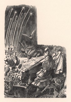 Она вскочила, ухватила скатерть обеими руками и сдернула её со стола. Блюда, тарелки, гости, свечи - всё полетело на пол (иллюстрация Джона Тенниела к книге Льюиса Кэрролла «Алиса в Зазеркалье», выпущенной в Лондоне в 1870 году)
