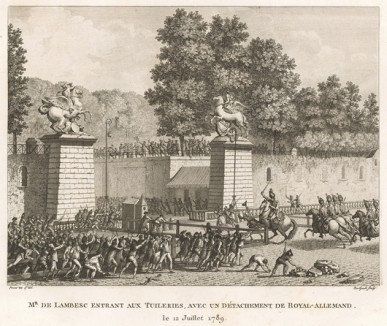 12 июля 1789 г. Князь де Ламбек во главе отряда немецкой кавалерии (15-й кавалерийский полк Royal-Allemand) прорывается сквозь толпу парижан в сад Тюильри. Париж, 1804